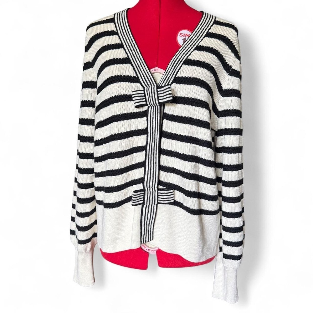 Talbots Black White Striped Bow Snap Front Cardigan Sweater Womens Large